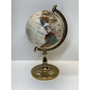 Gemstone Inlay World Globe Brass Stand Mother of Pearl Vintage Style